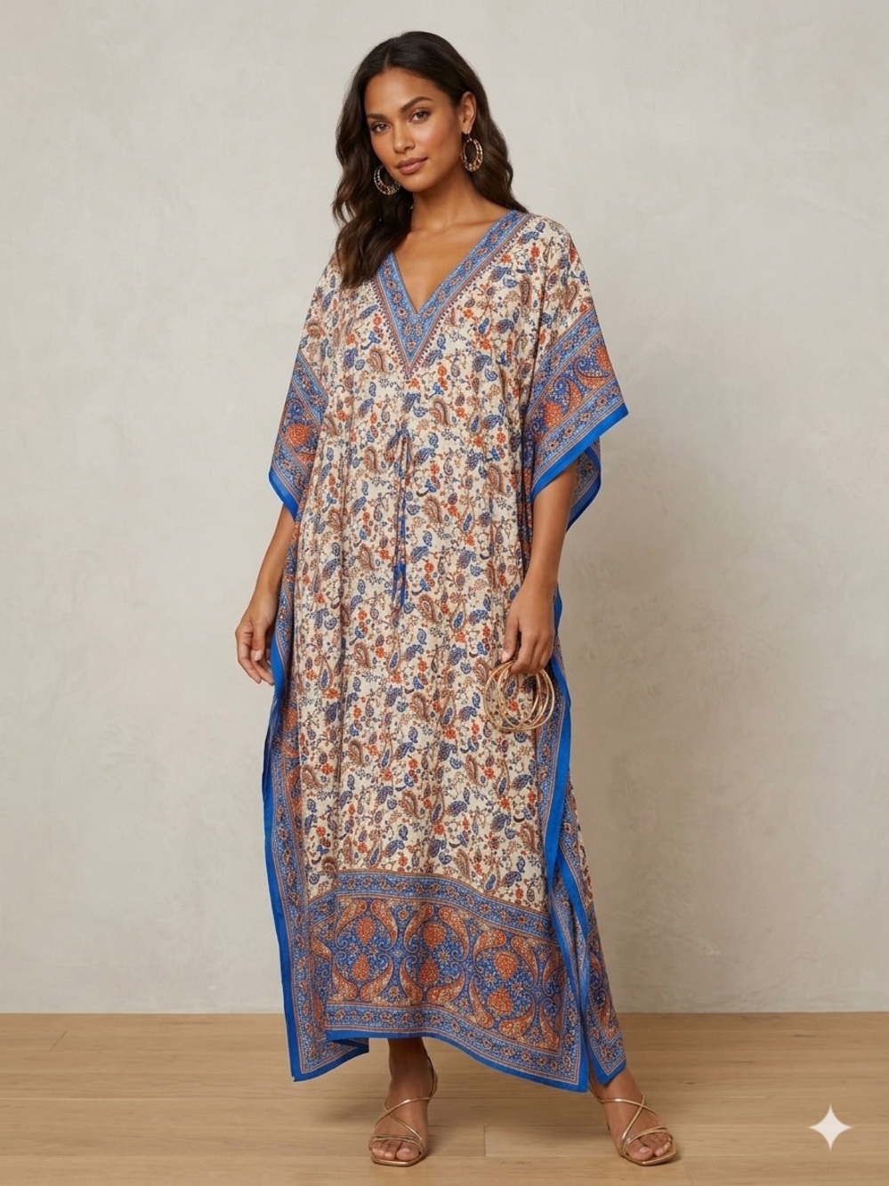 Paisley V-Neck Maxi Kaftan Dress in Blue and Tan